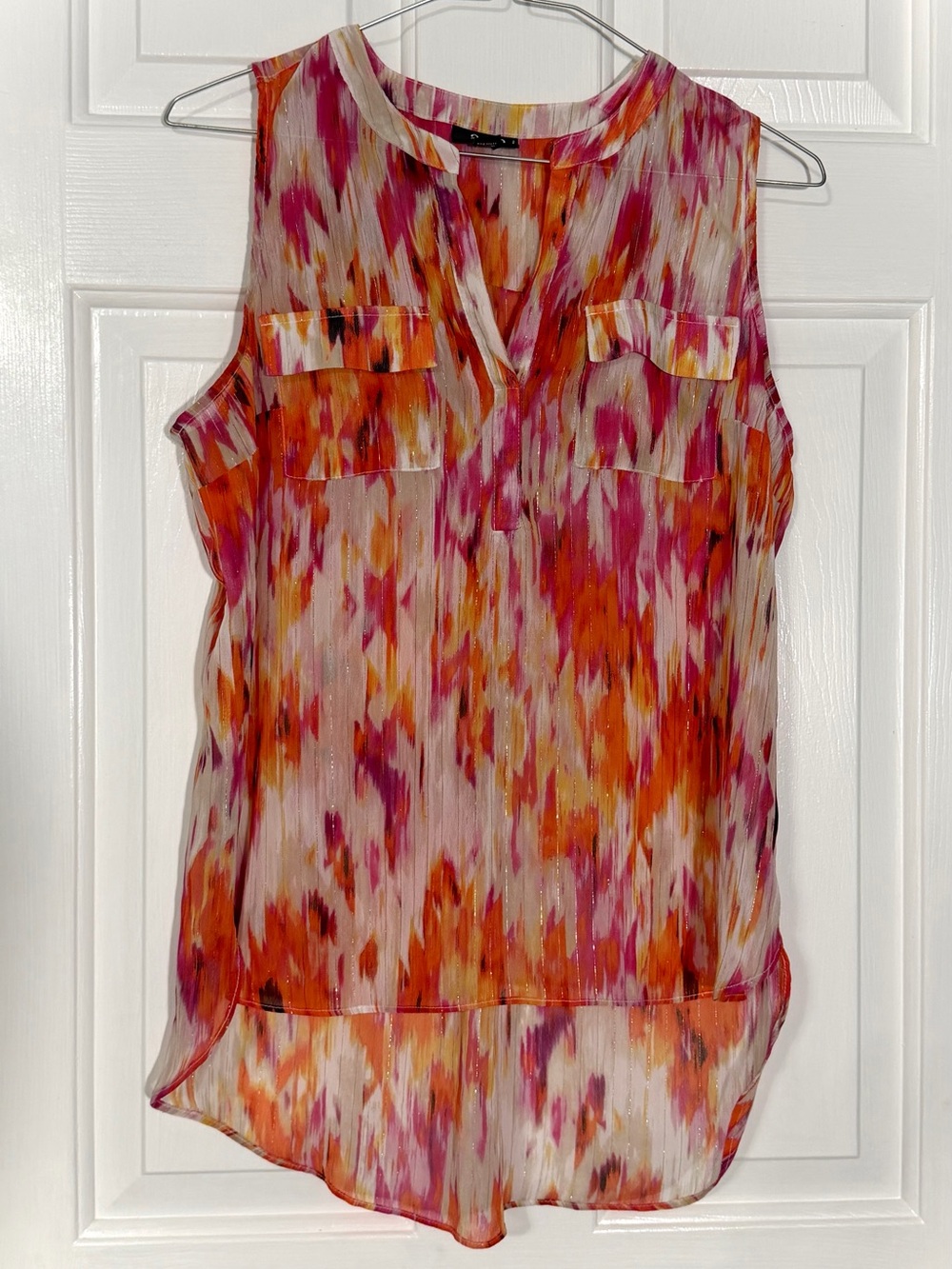 A.N.A. Blouse Women's EUC Abstract Print Metallic Stripes Shirt Tunic Top PM